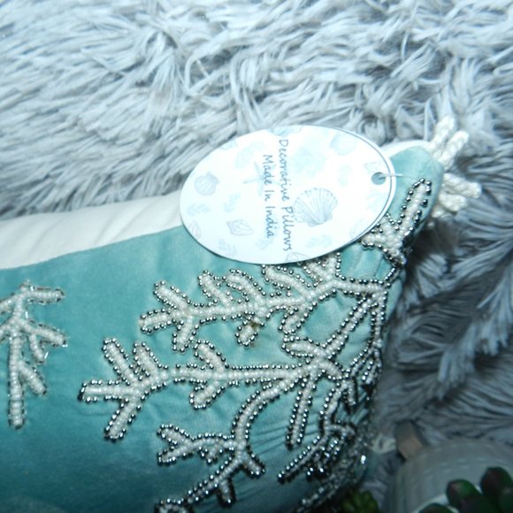 Admaira Home Beaded "Beach" Decorative Throw Statement Suede Pillow Aqua NWT - Picture 10 of 15